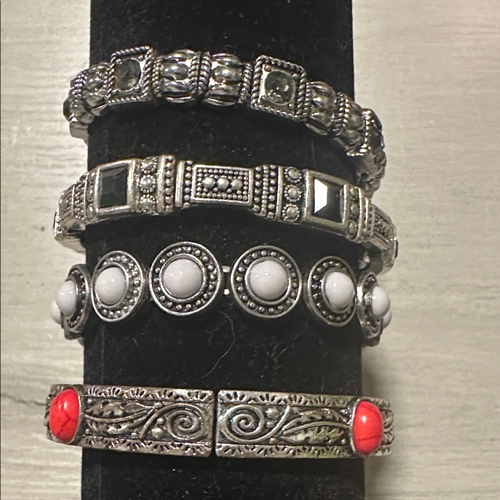 Elegant Silver And Red Bracelet Stretchy Set Of Four (4)
